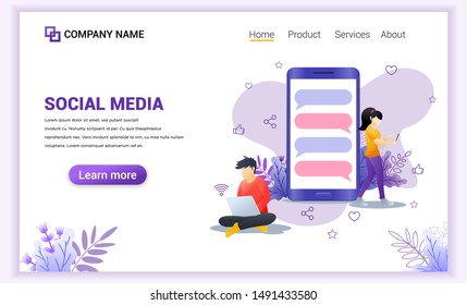 Social media concept with young man and young girl using mobile phone and laptop. Can use for mobile app template, landing page, web design, banner, advertising. Flat vector illustration