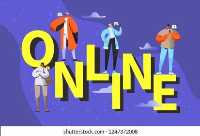 Social media concept. Young people characters chatting online in social network using mobile devices smartphone, laptop for poster, banner, flyer. Vector illustration