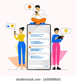 Social media concept. Young people are standing near by a huge smartphone and using own smartphones and tablet. Friends are chatting and texting. Modern vector character illustrations