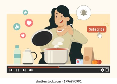 Social media concept young woman cooking for banner, poster, website, etc.