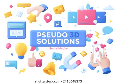 Social Media concept3d cartoon solutions vector illustration bundle. SMM service for business promotion cartoon elements composition. Internet advertising idea for website, mobile, presentation