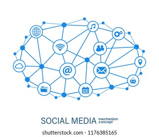 Social media connection concept. Abstract background with integrated circles and icons for digital, internet, network, connect, communicate, technology, global concepts. Vector infograp illustration.