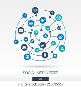 Social media connection concept. Abstract background with integrated circles and icons for digital, internet, network, connect, communicate, technology, global concepts. Vector infograp illustration
