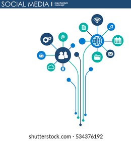 Social media connection concept. Abstract background with integrated circles and icons for digital, internet, network, connect, communicate, technology, global concepts. Vector infograp illustration