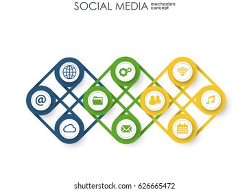 Social media connection concept. Abstract background with integrated circles and icons for digital, internet, network, connect, communicate, technology, global concepts. Vector infograp illustration