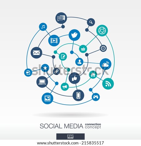 Social media connection concept. Abstract background with integrated circles and icons for digital, internet, network, connect, communicate, technology, global concepts. Vector infograp illustration