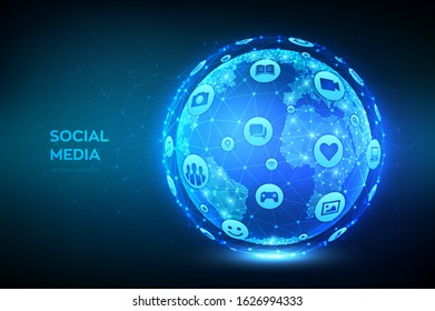 Social media connection concept. Earth globe illustration. Abstract polygonal planet. Low poly design. Wireframe sphere made from a different social media and computer icons. Vector illustration.