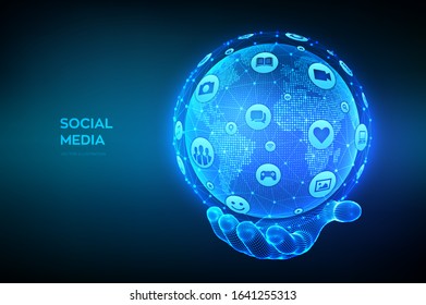 Social media connection concept. Wireframe sphere made from a different social media and computer icons. World map point and line composition. Earth globe in wireframe hand. Vector Illustration.