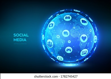 Social Media Connection Concept. Wireframe Sphere Made From A Different Social Media And Computer Icons. World Map Point And Line Composition. Earth Planet Globe. Vector Illustration.