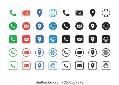 Social media contact icon set. phone, email, location, globe vector collection.