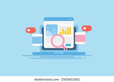 Social media content analysis, Content performance on social media, Creative content getting more likes, shares and followers - vector illustration with icons