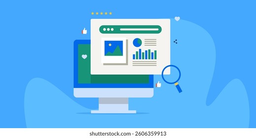 Social media content analysis, Content performance monitoring, Content analysis and research tool - vector illustration with icons