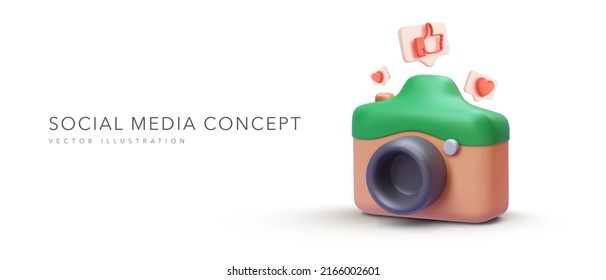 Social media content banner in 3d realistic style with camera and social icons. Vector illustration