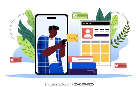 Social media content. Boy with smartphone in his hands sends messages. Communication and interaction in instant messengers. Chat and dialogue. Flat vector illustration isolated on white background