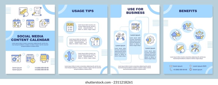 Social media content calendar blue brochure template. Plan ahead. Leaflet design with line icons. Editable 4 vector layouts for presentation, annual reports. Arial-Black, Myriad Pro-Regular fonts used