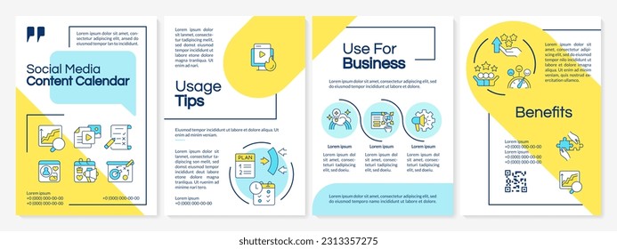 Social media content calendar blue and yellow brochure template. Leaflet design with linear icons. Editable 4 vector layouts for presentation, annual reports. Questrial, Lato-Regular fonts used