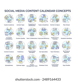 Social media content calendar multi color concept icons. Implementing effective social media strategies. Project management. Icon pack. Vector images. Round shape illustrations. Abstract idea