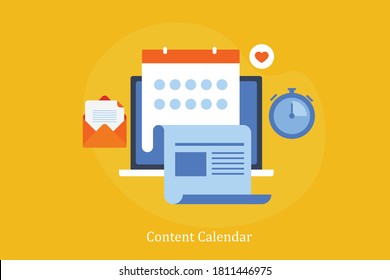 Social media content calendar, Content scheduling, Content publishing tool for social media - flat design vector illustration with icons