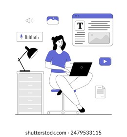 Social media content creating. Copywriter create interesting content for websites and social networks. Vector illustration with line people for web design.	
