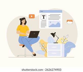 Social media content creating. Copywriter create interesting content for websites and social networks. Flat vector illustration.	
