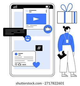 Redes sociales, creación de contenidos, marketing digital, engagement, comunicación online, estrategias de influencers. Video Smartphone con iconos pulgares arriba etiqueta de metadatos, le gusta mujer con Portapapeles. Social