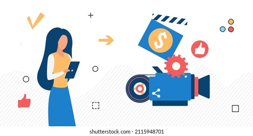 Social media content creation process using video camera. Clapperboard synchronizing and recording video clip