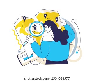 Social media content creation. User searching GPS pins. Followers location map. Global navigation mobile application. Woman with magnifier finding travel destination. SMM technology. Vector concept