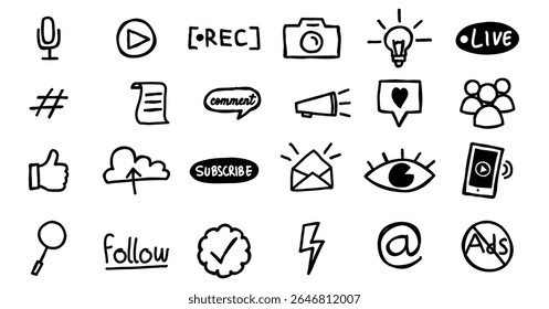 social media content creator doodle hand drawing icon bundle
