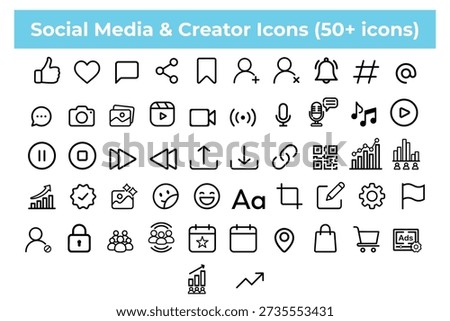 Social Media and Content Creator Line Icons Set with 50 Plus Symbols