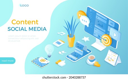 Social Media Content. Effective Strategy Content Marketing. Viral Marketing And Social Media Sharing. Isometric Vector Illustration For Website.	
