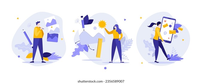 Social media content flat concept vector illustrations set. Generation of visual advertisement for networks cartoon composition. Digital marketing strategy idea for website, mobile, presentation