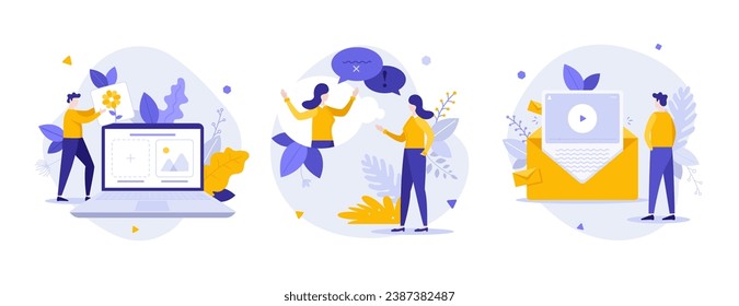 Social media content flat concept vector illustrations set. Internet communication channel cartoon composition. Users digital interaction creative idea for website, mobile, presentation