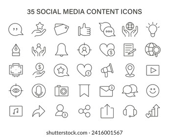Social Media Content icons set. Array of digital engagement and network interaction icons. Communication, sharing, connection in online communities. Flat vector illustration.
