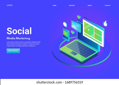 Social media content, Likes, Share, love, Content sharing, Digital marketing isometric vector landing page template