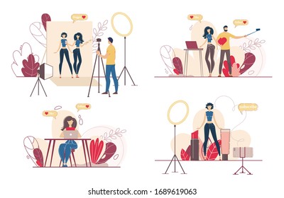 Social Media Content Maker, Blogging People, Live Video Streamer Characters Set. Cameraman Recording Footage in Studio, Woman Subscribing to Beauty Blogger Channel Trendy Flat Vector Illustration