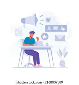 Social Media Content Man on the Desk with Tab multiple icons and notification Concept Flat Illustration