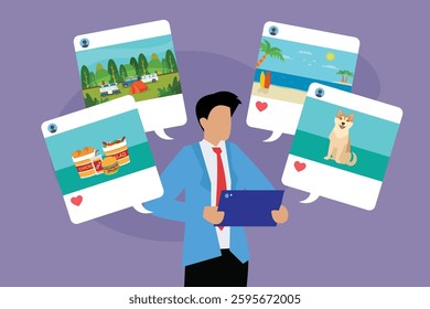 Social Media Content and Online Engagement 2d flat vector illustrations