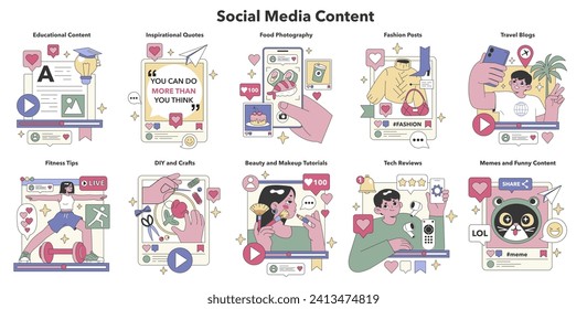 Social Media Content set. Diverse online interaction and communication. Engaging tutorials, lifestyle shares, humor. Flat vector illustration