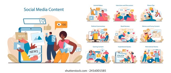 Social Media Content set. Diverse online interactions and digital engagement. From news to animal videos, fitness, and memes. User-generated scenes of digital culture. Flat vector illustration.