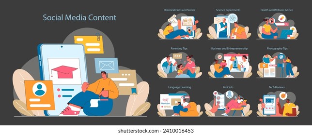 Social Media Content set. Educational and entertainment material creation. Engaging online audiences with tutorials, tips, and discussions. Flat vector illustration.