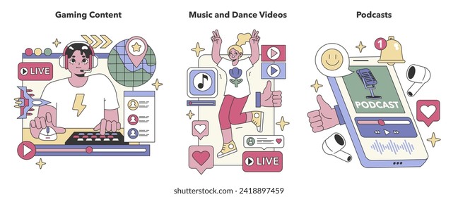 Social Media Content set. Interactive gaming streams, vibrant music and dance, informative podcasts. Entertainment, rhythm, and knowledge sharing. Flat vector illustration