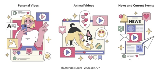 Social Media Content set. Intimate life snippets, adorable pet moments, global happenings. Lifestyle sharing, animal entertainment, informed citizenry. Flat vector illustration.