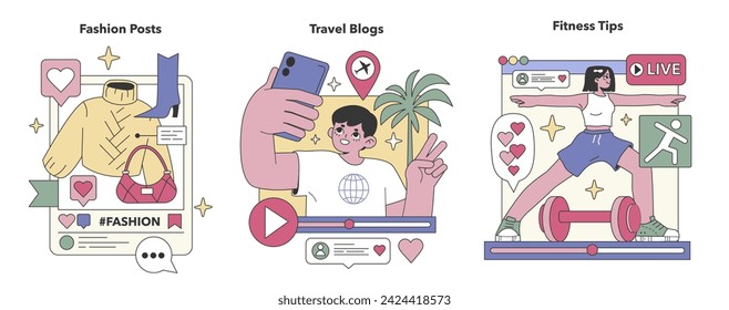 Social Media Content set. Trendsetting fashion, exotic travel destinations, dynamic fitness routines. Style curation, adventure sharing, health inspiration. Flat vector illustration