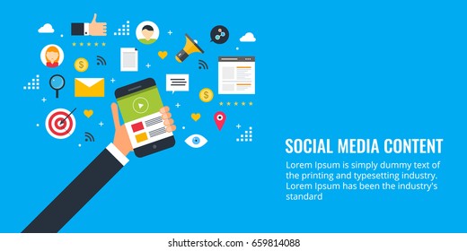 Social media content, social sharing, marketing flat design vector banner with icons isolated on blue background