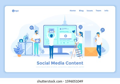 Social Media Content Strategy, marketing success, social sharing, web traffic. People post videos, photos, ads on the site.  landing web page design template decorated with people characters.