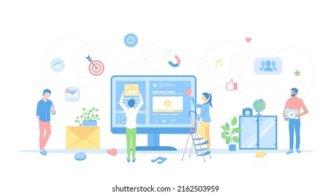 Social Media Content Strategy, SMM, Content filling, marketing success, social sharing, web traffic. Social media specialists and analyst post videos, photos, ads on the site. Vector illustration