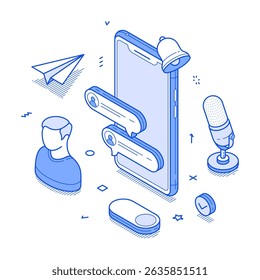 Social media content user online message chatting smartphone application minimalist isometric vector illustration. Mobile phone app internet communication network web cyberspace conversation messenger