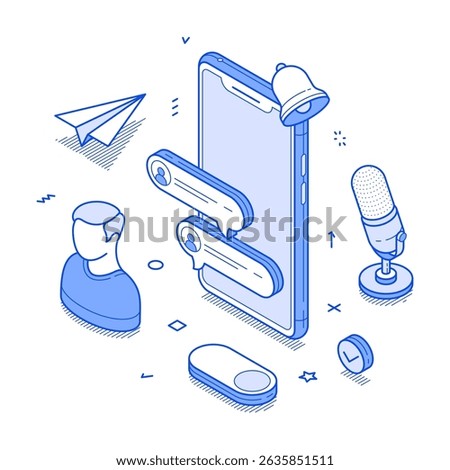Social media content user online message chatting smartphone application minimalist isometric vector illustration. Mobile phone app internet communication network web cyberspace conversation messenger