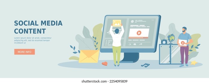 Social media content. Website content management, marketing. Creating high quality content. Promotional web banner. Cartoon flat vector illustration with people characters.	
