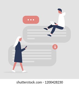 Social media conversation. Text messenger interface. Young modern characters using a mobile app to communicate. Flat editable vector illustration, clip art